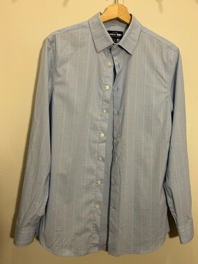 Express Men's Light Blue Dress Shirt with Pink Windowpane